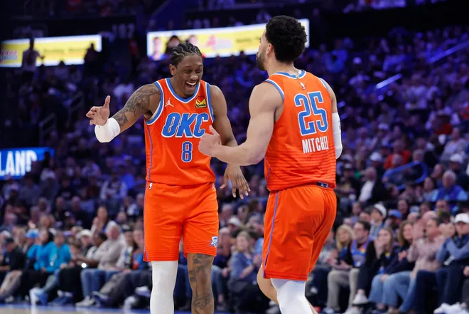 Jan 11, 2026; Oklahoma City, Oklahoma, USA; Oklahoma City Thunder guard/forward Jalen Williams (8) and guard Ajay Mitchell (25) celebrate after scoring against the Miami Heat during the second half at Paycom Center. Mandatory Credit: Alonzo Adams-Imagn Images