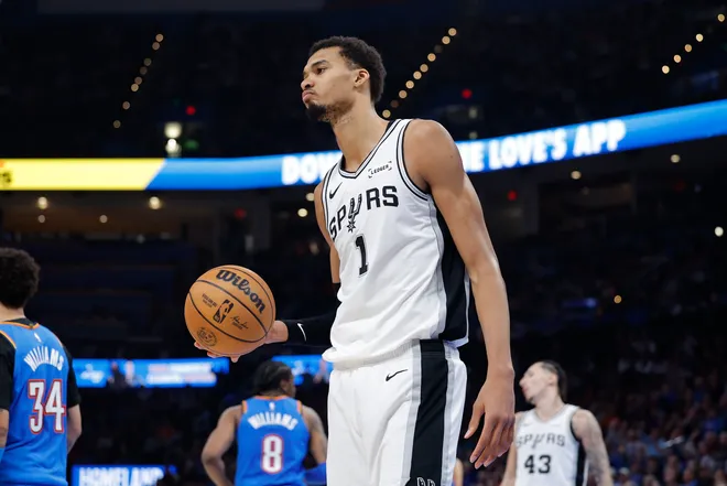 Jan 13, 2026; Oklahoma City, Oklahoma, USA; San Antonio Spurs forward/center Victor Wembanyama (1) walks off the court during a time out against the Oklahoma City Thunder during the second half at Paycom Center. Mandatory Credit: Alonzo Adams-Imagn Images