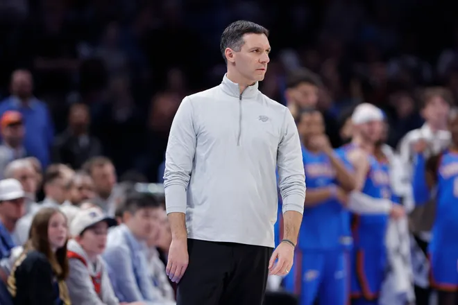 Jan 13, 2026; Oklahoma City, Oklahoma, USA; Oklahoma City Thunder Head Coach Mark Daigneault watches his team play against the San Antonio Spurs during the second half at Paycom Center. Mandatory Credit: Alonzo Adams-Imagn Images