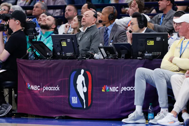 Jan 13, 2026; Oklahoma City, Oklahoma, USA; NBA on NBC broadcasters watch a game between the San Antonio Spurs and Oklahoma City Thunder during the second half at Paycom Center. Mandatory Credit: Alonzo Adams-Imagn Images