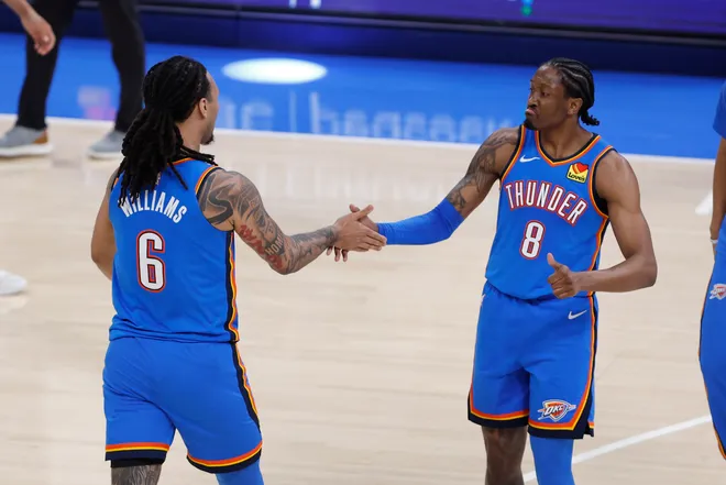 Jan 13, 2026; Oklahoma City, Oklahoma, USA; Oklahoma City Thunder guard/forward Jalen Williams (8) celebrates with forward Jaylin Williams (6) after a play against the San Antonio Spurs during the second half at Paycom Center. Mandatory Credit: Alonzo Adams-Imagn Images