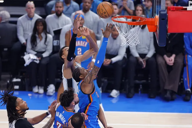 Jan 13, 2026; Oklahoma City, Oklahoma, USA; Oklahoma City Thunder guard/forward Jalen Williams (8) goes up for a basket against the San Antonio Spurs during the first quarter at Paycom Center. Mandatory Credit: Alonzo Adams-Imagn Images