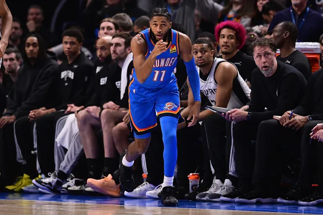OKLAHOMA CITY, OKLAHOMA - JANUARY 13: Isaiah Joe #11 of the Oklahoma City Thunder reacts after a made basket during the second half against the San Antonio Spurs at Paycom Center on January 13, 2026 in Oklahoma City, Oklahoma. NOTE TO USER: User expressly acknowledges and agrees that, by downloading and or using this photograph, User is consenting to the terms and conditions of the Getty Images License Agreement. (Photo by Joshua Gateley/Getty Images)