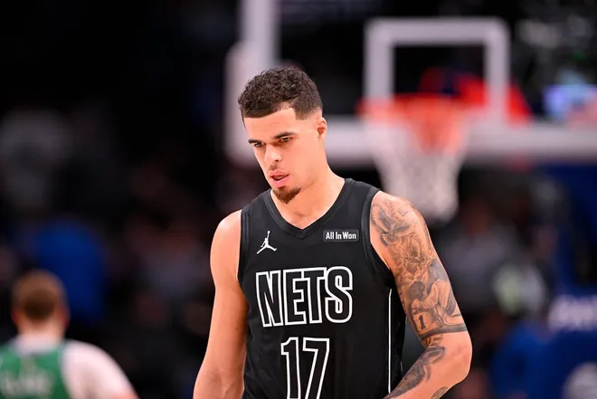 Jan 12, 2026; Dallas, Texas, USA; Brooklyn Nets forward Michael Porter Jr. (17) walks back up the court at the end of the game against the Dallas Mavericks at the American Airlines Center.