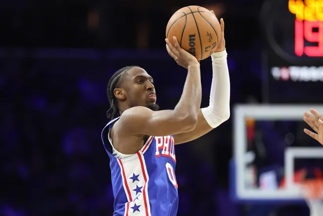 Jan 14, 2026; Philadelphia, Pennsylvania, USA; Philadelphia 76ers guard Tyrese Maxey (0) shoots against the Cleveland Cavaliers during the second quarter at Xfinity Mobile Arena. Mandatory Credit: Bill Streicher-Imagn Images
