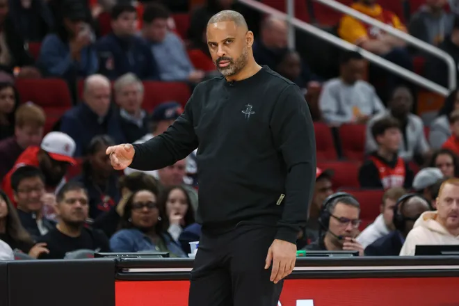 Jan 15, 2026; Houston, Texas, USA; Houston Rockets head coach Ime Udoka reacts during the first quarter against the Oklahoma City Thunder at Toyota Center. Mandatory Credit: Troy Taormina-Imagn Images