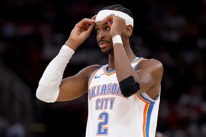 HOUSTON, TEXAS - JANUARY 15: Shai Gilgeous-Alexander #2 of the Oklahoma City Thunder looks on during the second quarter of the game against the Houston Rockets at Toyota Center on January 15, 2026 in Houston, Texas. (Photo by Kenneth Richmond/Getty Images)