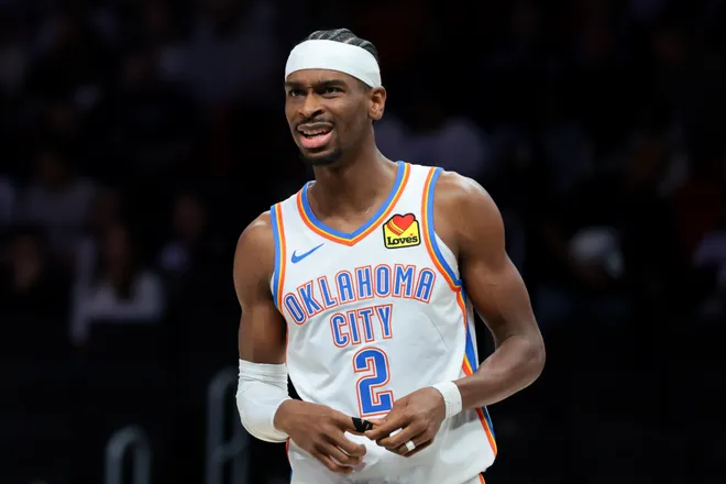 Jan 17, 2026; Miami, Florida, USA; Oklahoma City Thunder guard Shai Gilgeous-Alexander (2) reacts against the Miami Heat during the first quarter at Kaseya Center. Mandatory Credit: Sam Navarro-Imagn Images