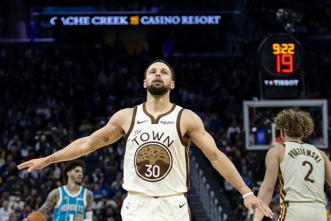 Jan 17, 2026; San Francisco, California, USA; Golden State Warriors guard Stephen Curry (30) reacts during the fourth quarter against the Charlotte Hornets at Chase Center.