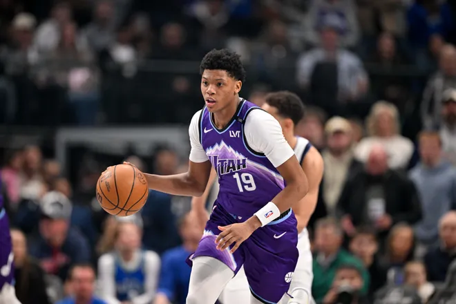 Jan 17, 2026; Dallas, Texas, USA; Utah Jazz guard Ace Bailey (19) brings the ball up court against the Dallas Mavericks during the first quarter at the American Airlines Center. Mandatory Credit: Jerome Miron-Imagn Images