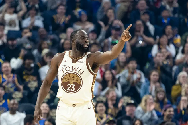 Jan 17, 2026; San Francisco, California, USA; Golden State Warriors forward Draymond Green (23) reacts after hitting a three-point shot against the Charlotte Hornets during the first quarter at Chase Center. Mandatory Credit: John Hefti-Imagn Images
