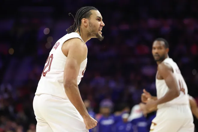 Jan 16, 2026; Philadelphia, Pennsylvania, USA; Cleveland Cavaliers guard Jaylon Tyson (20) reacts after a score against the Philadelphia 76ers during the fourth quarter at Xfinity Mobile Arena. Mandatory Credit: Bill Streicher-Imagn Images