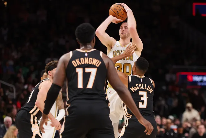 Jan 17, 2026; Atlanta, Georgia, USA; Boston Celtics forward Sam Hauser (30) shoots against the Atlanta Hawks in the fourth quarter at State Farm Arena. Mandatory Credit: Brett Davis-Imagn Images