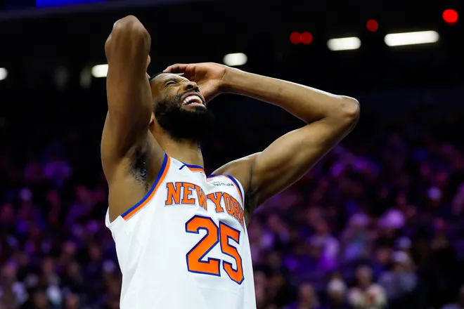 Jan 14, 2026; Sacramento, California, USA; New York Knicks guard Mikal Bridges (25) reacts after getting called for a foul during the third quarter against the Sacramento Kings at Golden 1 Center. Mandatory Credit: Sergio Estrada-Imagn Images