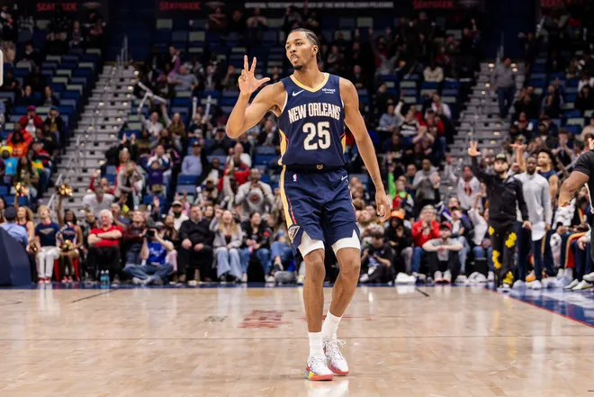 Jan 14, 2026; New Orleans, Louisiana, USA; New Orleans Pelicans forward Trey Murphy III (25) reacts to making a three point basket against the Brooklyn Nets during the second half at Smoothie King Center. Mandatory Credit: Stephen Lew-Imagn Images