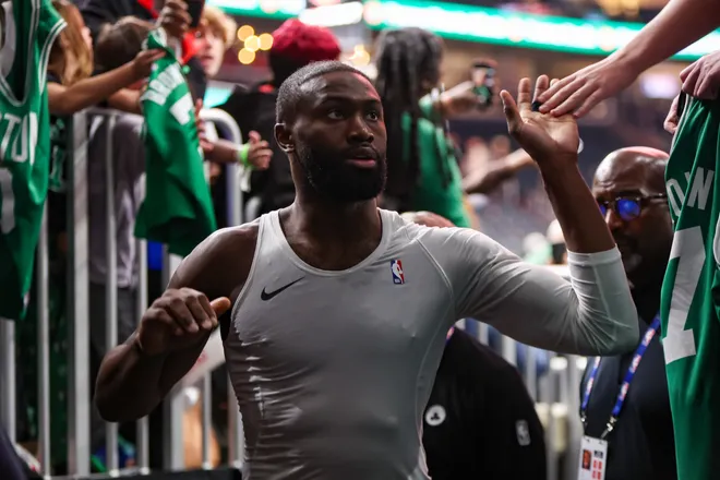 Jan 17, 2026; Atlanta, Georgia, USA; Boston Celtics guard Jaylen Brown (7) celebrates with fans after a victory over the Atlanta Hawks at State Farm Arena. Mandatory Credit: Brett Davis-Imagn Images