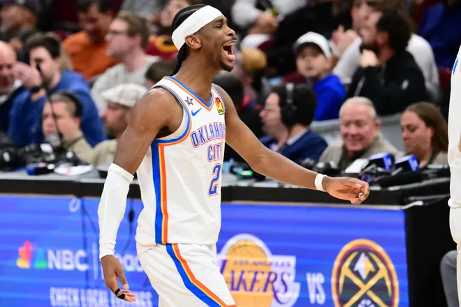Jan 19, 2026; Cleveland, Ohio, USA; Oklahoma City Thunder guard Shai Gilgeous-Alexander (2) celebrates after a basket against the Cleveland Cavaliers during the second half at Rocket Arena. Mandatory Credit: Ken Blaze-Imagn Images