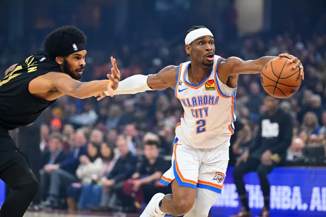 CLEVELAND, OHIO - JANUARY 19: Guard Shai Gilgeous-Alexander #2 of the Oklahoma City Thunder drives to the basket during the first quarter against the Cleveland Cavaliers at Rocket Arena on January 19, 2026 in Cleveland, Ohio. NOTE TO USER: User expressly acknowledges and agrees that, by downloading and or using this photograph, User is consenting to the terms and conditions of the Getty Images License Agreement. (Photo by Jason Miller/Getty Images)