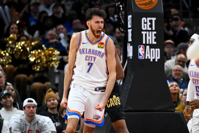 CLEVELAND, OHIO - JANUARY 19: Center Chet Holmgren #7 of the Oklahoma City Thunder reacts during the fourth quarter against the Cleveland Cavaliers at Rocket Arena on January 19, 2026, in Cleveland, Ohio. The Thunder defeated the Cavaliers 136-104. NOTE TO USER: User expressly acknowledges and agrees that, by downloading and or using this photograph, User is consenting to the terms and conditions of the Getty Images License Agreement. (Photo by Jason Miller/Getty Images)