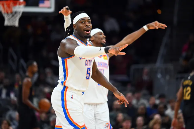 CLEVELAND, OHIO - JANUARY 19: Guard Luguentz Dort #5 of the Oklahoma City Thunder celebrates during the fourth quarter against the Cleveland Cavaliers at Rocket Arena on January 19, 2026 in Cleveland, Ohio. The Thunder defeated the Cavaliers 136-104. NOTE TO USER: User expressly acknowledges and agrees that, by downloading and or using this photograph, User is consenting to the terms and conditions of the Getty Images License Agreement. (Photo by Jason Miller/Getty Images)