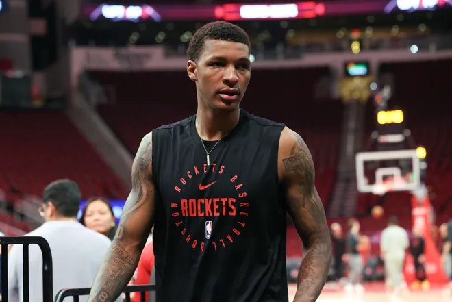 Apr 2, 2025; Houston, Texas, USA; Houston Rockets forward Jabari Smith Jr. (10) walks off the court after practice before the game against the Utah Jazz at Toyota Center. Mandatory Credit: Troy Taormina-Imagn Images