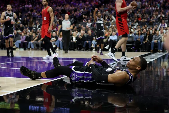 Jan 18, 2026; Sacramento, California, USA; Sacramento Kings guard Russel Westbrook (18) reacts after being fouled against the Portland Trail Blazers during the fourth quarter at Golden 1 Center.