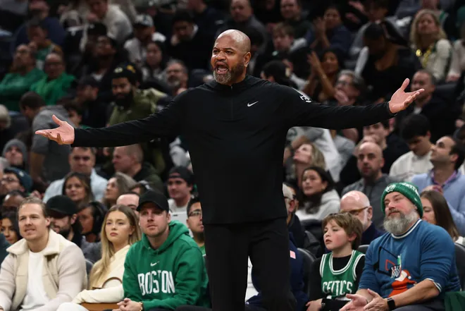 Dec 15, 2025; Boston, Massachusetts, USA; Detroit Pistons head coach J. B. Bickerstaff gestures towards referees during the second half against the Boston Celtics at TD Garden. Mandatory Credit: Winslow Townson-Imagn Images