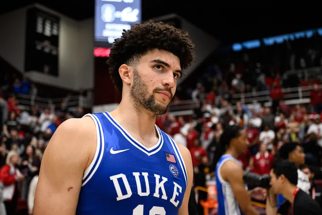 Jan 17, 2026; Stanford, California, USA; Duke Blue Devils forward Cameron Boozer (12) looks on after the game against the Stanford Cardinal at Maples Pavilion. Mandatory Credit: Eakin Howard-Imagn Images