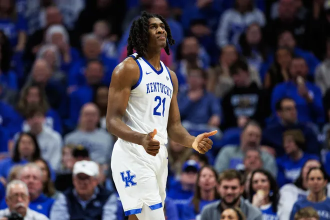 Jan 7, 2026; Lexington, Kentucky, USA; Kentucky Wildcats forward Jayden Quaintance (21) reacts during the second half against the Missouri Tigers at Rupp Arena at Central Bank Center. Mandatory Credit: Jordan Prather-Imagn Images
