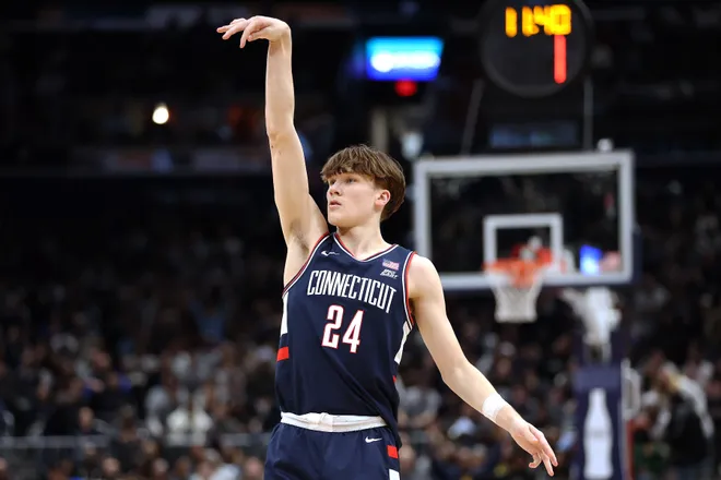 Jan 17, 2026; Washington, District of Columbia, USA; UConn Huskies guard Braylon Mullins (24) takes a shot during the second half against the Georgetown Hoyas at Capital One Arena. Mandatory Credit: Daniel Kucin Jr.-Imagn Images