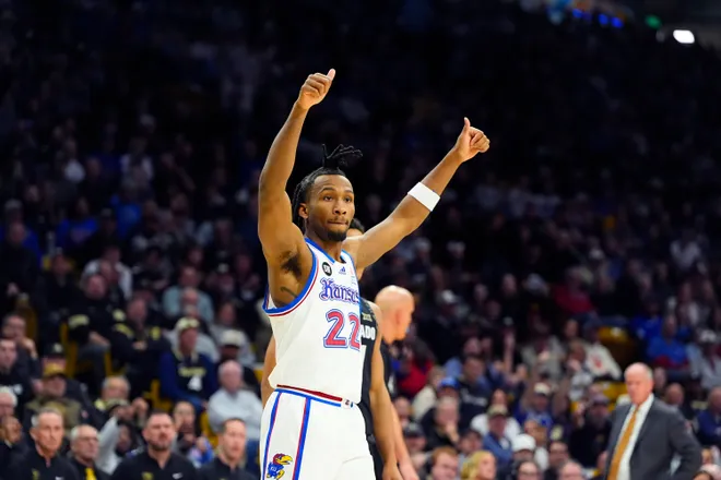 Jan 20, 2026; Boulder, Colorado, USA; Kansas Jayhawks guard Darryn Peterson (22) during the second half against the Colorado Buffaloes at the CU Events Center. Mandatory Credit: Ron Chenoy-Imagn Images