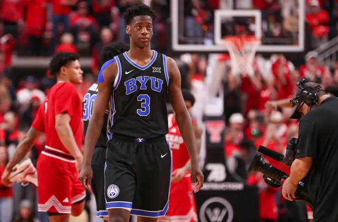 BYU's AJ Dybantsa walks the floor before a Big 12 Conference men's basketball game against Texas Tech, Saturday, Jan. 17, 2026, in United Supermarkets Arena.