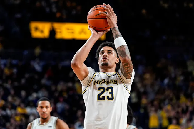 Michigan forward Yaxel Lendeborg (23) shoots a free throw against Indiana during the second half at Crisler Center in Ann Arbor on Tuesday, Jan. 20, 2026.