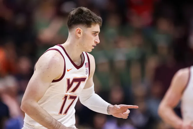 BLACKSBURG, VIRGINIA - DECEMBER 31: Neoklis Avdalas #17 of the Virginia Tech Hokies reacts in the first half during a game against the Virginia Cavaliers at Cassell Coliseum on December 31, 2025 in Blacksburg, Virginia. (Photo by Ryan Hunt/Getty Images)