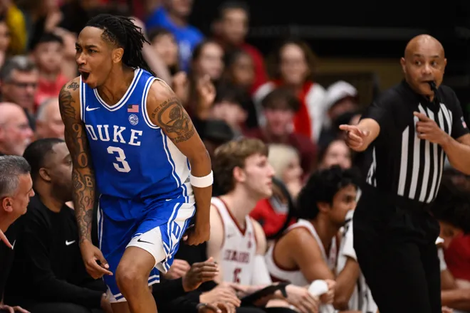 Jan 17, 2026; Stanford, California, USA; Duke Blue Devils guard Isaiah Evans (3) celebrates his basket against the Stanford Cardinal in the first half at Maples Pavilion. Mandatory Credit: Eakin Howard-Imagn Images