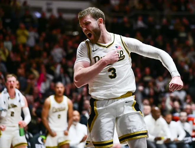 Jan 14, 2026; West Lafayette, Indiana, USA; Purdue Boilermakers guard Braden Smith (3) reacts to scoring during a foul during the second half against the Iowa Hawkeyes at Mackey Arena. Mandatory Credit: Marc Lebryk-Imagn Images