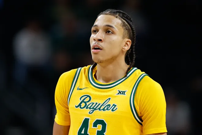 Jan 20, 2026; Waco, Texas, USA; Baylor Bears guard Cameron Carr (43) reacts during the first half against the Texas Tech Red Raiders at Paul and Alejandra Foster Pavilion. Mandatory Credit: Chris Jones-Imagn Images