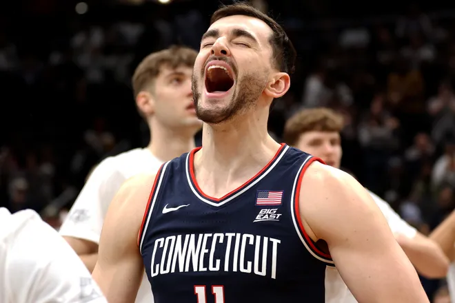 Jan 17, 2026; Washington, District of Columbia, USA; The UConn Huskies forward Alex Karaban (11) reacts before a game against the Georgetown Hoyas at Capital One Arena. Mandatory Credit: Daniel Kucin Jr.-Imagn Images