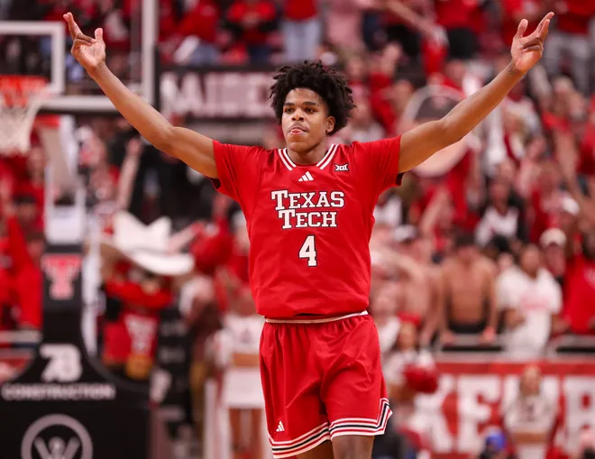 Texas Tech's Christian Anderson reacts to hitting a 3-pointer during a Big 12 Conference men's basketball game, Saturday, Jan. 17, 2026, in United Supermarkets Arena.
