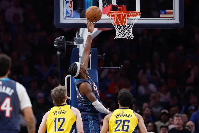 Jan 23, 2026; Oklahoma City, Oklahoma, USA; Oklahoma City Thunder guard Shai Gilgeous-Alexander (2) goes up for a basket against the Indiana Pacers during the second half at Paycom Center. Mandatory Credit: Alonzo Adams-Imagn Images