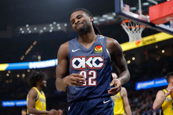 Jan 23, 2026; Oklahoma City, Oklahoma, USA; Oklahoma City Thunder guard Cason Wallace (22) reacts after a play against the Indiana Pacers during the second quarter at Paycom Center. Mandatory Credit: Alonzo Adams-Imagn Images