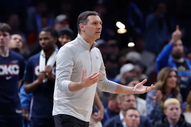 Jan 23, 2026; Oklahoma City, Oklahoma, USA; Oklahoma City Thunder Head Coach Mark Daigneault reacts after a play against the Indiana Pacers during the second half at Paycom Center. Mandatory Credit: Alonzo Adams-Imagn Images