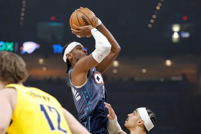 Jan 23, 2026; Oklahoma City, Oklahoma, USA; Oklahoma City Thunder guard Shai Gilgeous-Alexander (2) shoots against the Indiana Pacers during the first quarter at Paycom Center. Mandatory Credit: Alonzo Adams-Imagn Images