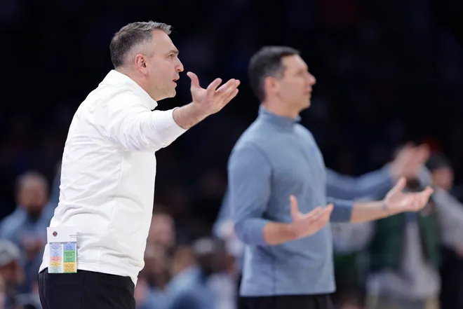 Jan 25, 2026; Oklahoma City, Oklahoma, USA; Toronto Raptors Head Coach Darko Rajakovic and Oklahoma City Thunder Head Coach Mark Daigneault watch their teams play during the second half at Paycom Center. Mandatory Credit: Alonzo Adams-Imagn Images