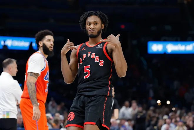 Jan 25, 2026; Oklahoma City, Oklahoma, USA; Toronto Raptors guard Immanuel Quickley (5) gestures after scoring a three point basket against the Oklahoma City Thunder during the second half at Paycom Center. Mandatory Credit: Alonzo Adams-Imagn Images