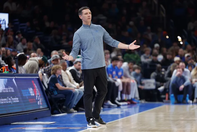 Jan 25, 2026; Oklahoma City, Oklahoma, USA; Oklahoma City Thunder Head Coach Mark Daigneault watches his team play against the Toronto Raptors during the second half at Paycom Center. Mandatory Credit: Alonzo Adams-Imagn Images