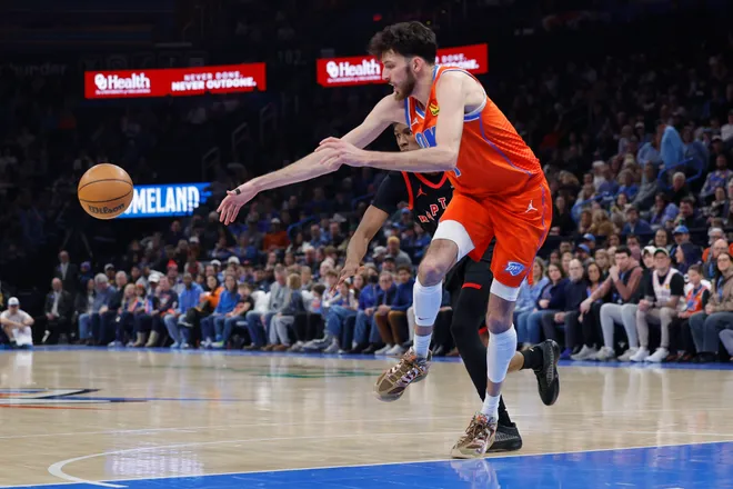Jan 25, 2026; Oklahoma City, Oklahoma, USA; Oklahoma City Thunder center/forward Chet Holmgren (7) loses control of the ball during play against the Toronto Raptors during the second quarter at Paycom Center. Mandatory Credit: Alonzo Adams-Imagn Images