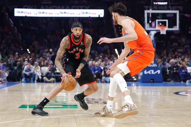 Jan 25, 2026; Oklahoma City, Oklahoma, USA; Toronto Raptors forward Brandon Ingram (3) moves the ball against Oklahoma City Thunder center/forward Chet Holmgren (7) during the second half at Paycom Center. Mandatory Credit: Alonzo Adams-Imagn Images