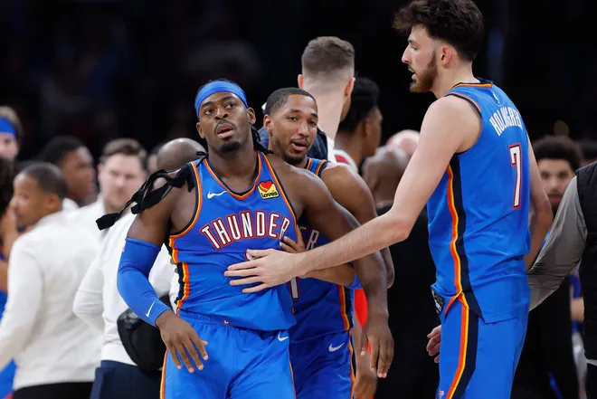 Jan 27, 2026; Oklahoma City, Oklahoma, USA; Oklahoma City Thunder guard Luguentz Dort (5) walks away from a scuffle with New Orleans Pelicans guard Jeremiah Fears (0) during the second half at Paycom Center. Mandatory Credit: Alonzo Adams-Imagn Images