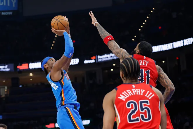 Jan 27, 2026; Oklahoma City, Oklahoma, USA; Oklahoma City Thunder guard Shai Gilgeous-Alexander (2) shoots as New Orleans Pelicans guard/forward Saddiq Bey (41) defends during the second half at Paycom Center. Mandatory Credit: Alonzo Adams-Imagn Images